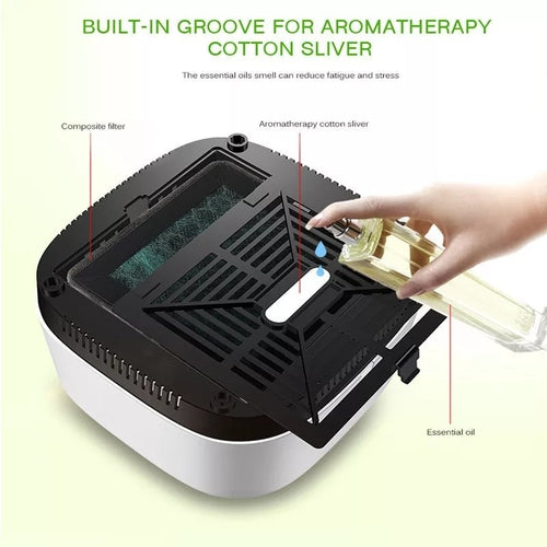 Aromatherapy feature on Air Purifier & Plant Stand with essential oil application and composite filter design.